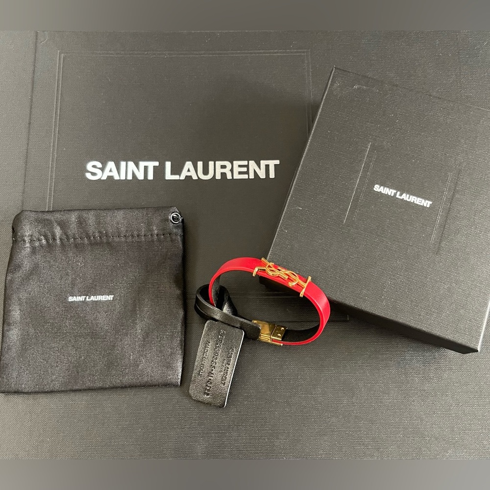NWT Saint Laurent Gold Tone Red Leather Bracalet - Picture 9 of 14